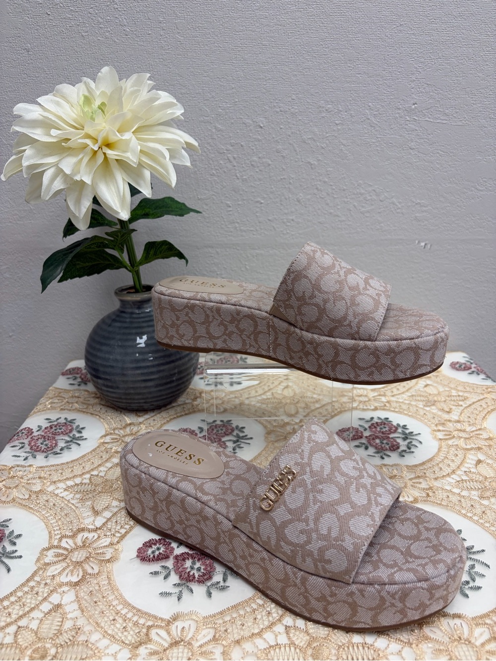 Guess Beige Logo Platform Slide Mules